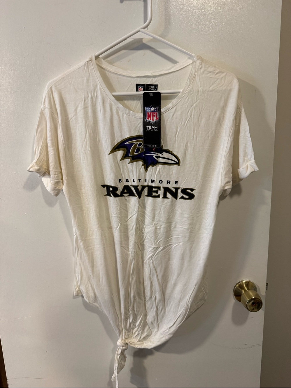 NWT Baltimore Ravens Women’s NFL Team Apparel White Tie Front T-Shirt Large